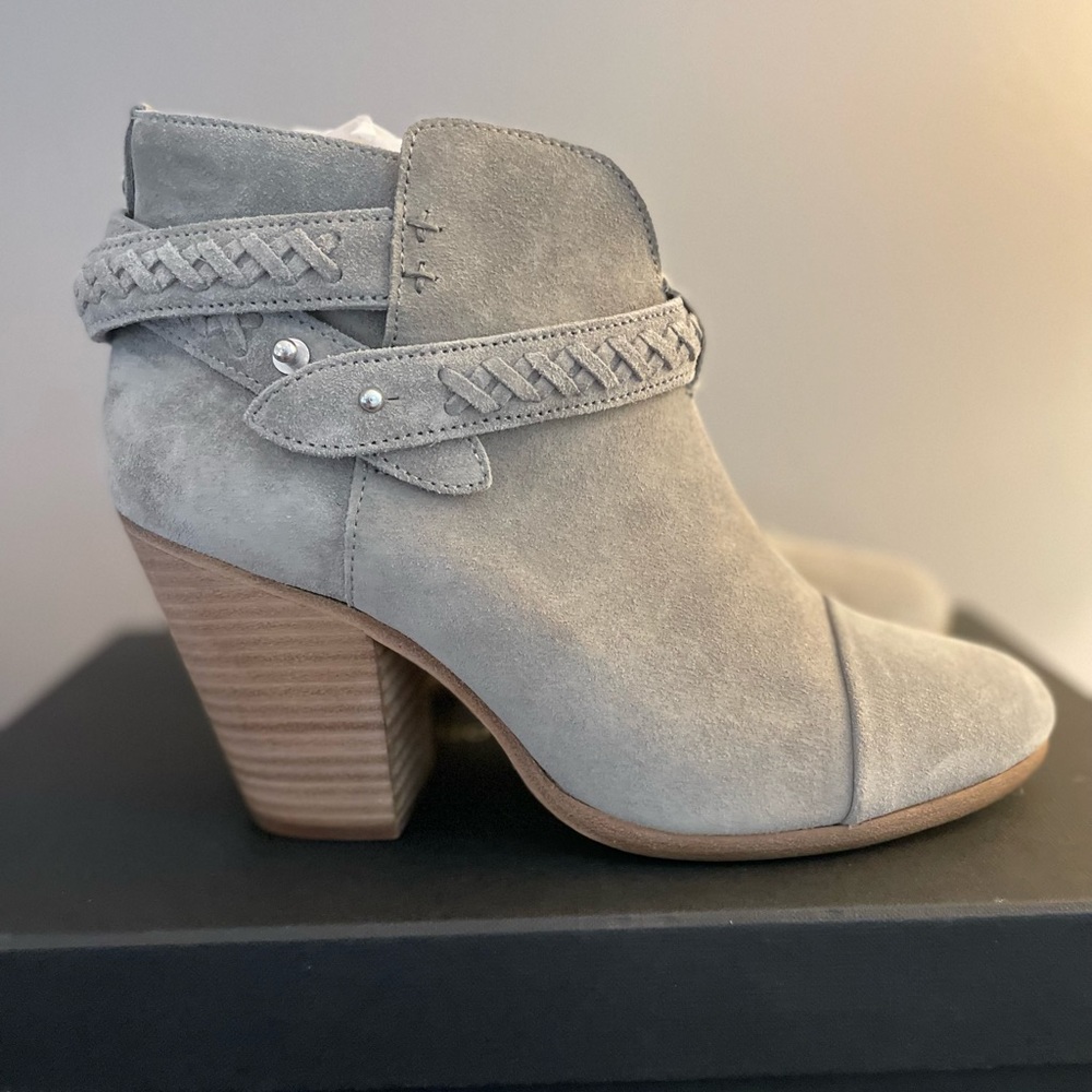 Rag & Bone Harrow Boot Ankle Suede Grey Braided Size 8.5 38.5 in Box Barely Worn